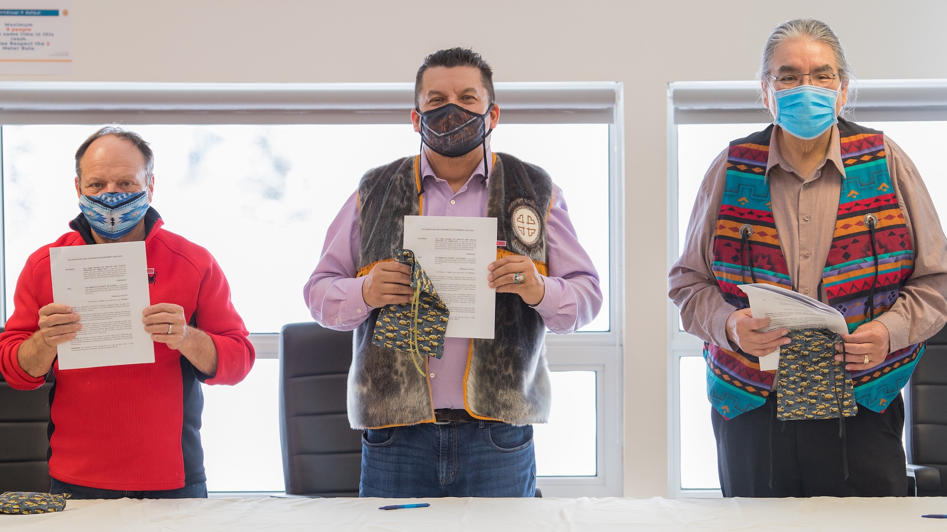 Daniel St-Amour, CBHSSJB Executive Director, CBHSSJB Chairperson Bertie Wapachee, and Elder Roderick Pachano representing Nishiyuu