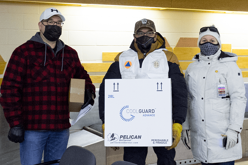 Richard Shecapio, AED Miyupimaatisiuun and Jason Coonishish, Coordinator of Prehospital Services and Emergency Measures, Nathalie Beaulieu, Head of Northern Operations Centre