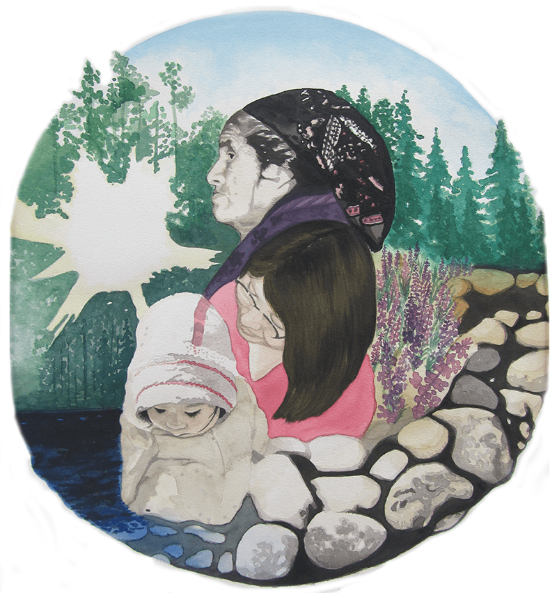 Painting by Natasia Mukash of three generations of women to represent breast cancer screening.