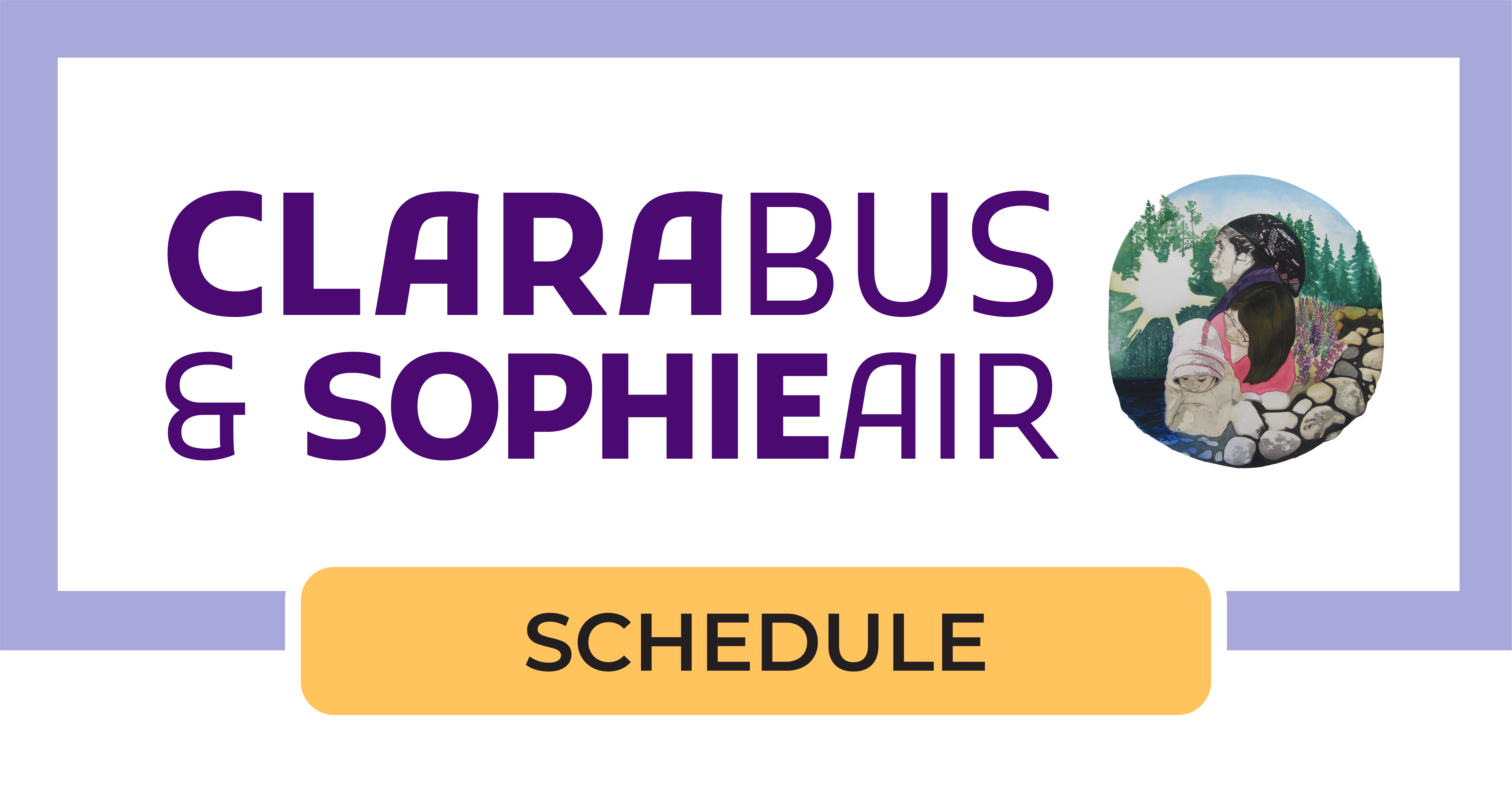 Purple campaign stamp for Clara Bus and Sophie Air with small Natasia Mukash illustration