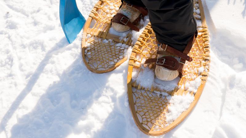 Closeup of person wearing snowshoes