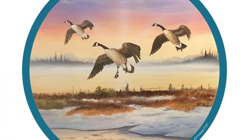 Illustration of 3 geese flying above marsh