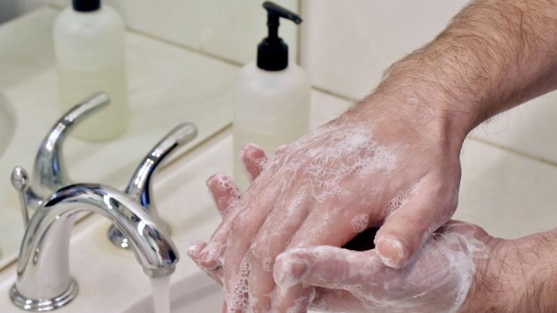 Washing hands with soap and water in washroom sink