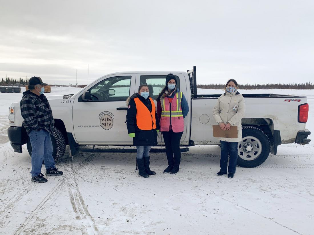 Douglass Cheezo, Clinic Maintenance; Priscilla Weapenicappo, Coordinator Current Services and Chishaayiiyuu; Vallerie Potvin, Lead Vaccination Nurse, Nathalie Beaulieu, Head of CBHSSJB, Northern Operations Centre.