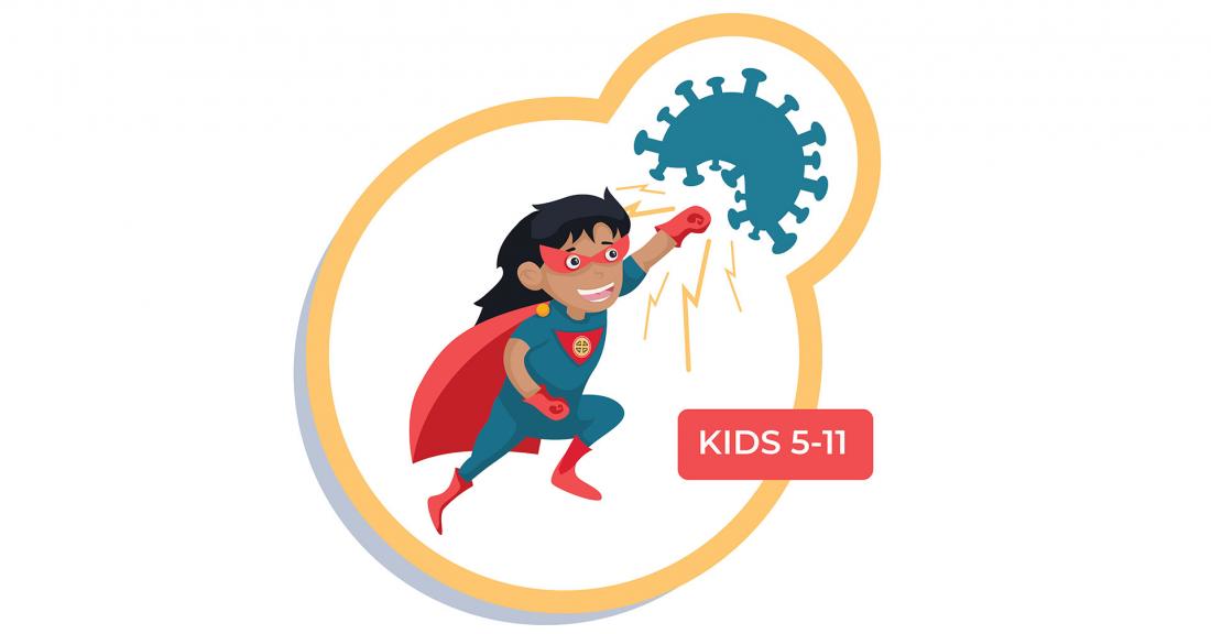 Illustration of vaccine superhero fighting the COVID virus with text 'kids 5-11'