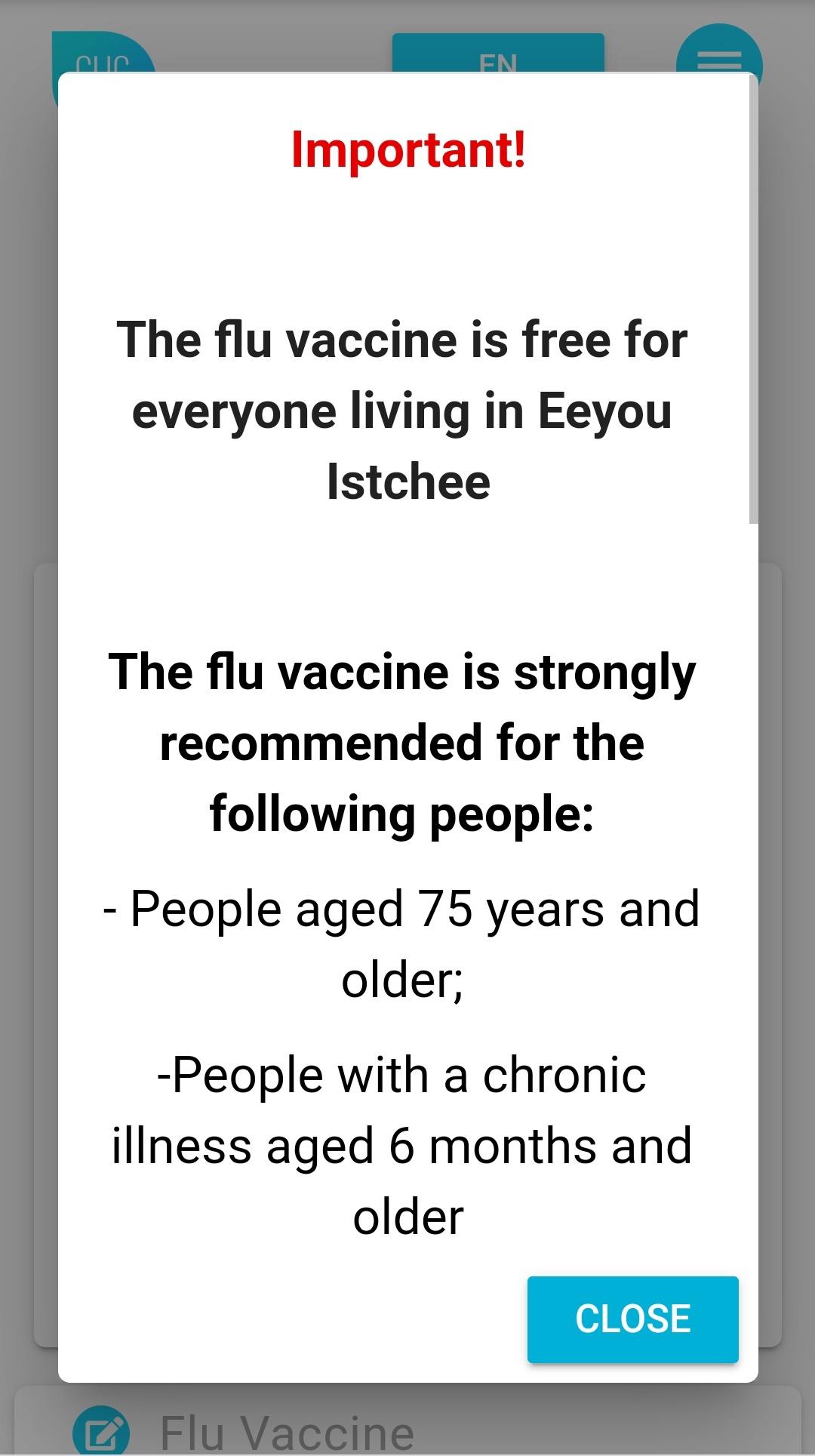 Screenshot of popup message explaining importance of getting flu vaccine