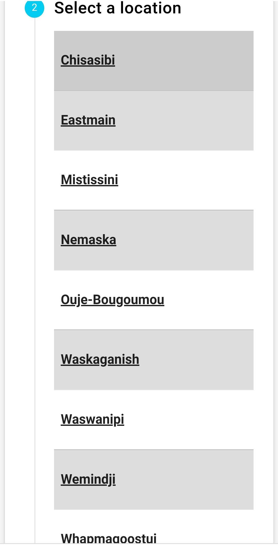 Screenshot list of communities in Eeyou Istchee