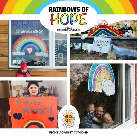 Collage of photos showing Rainbows of Hope made by children