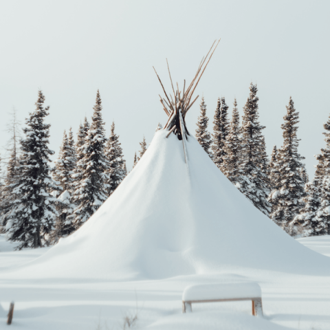 Teepee covered with snow, trees in the background