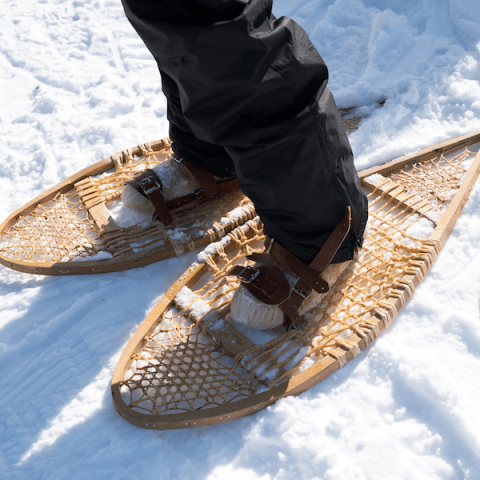 Closeup of person wearing snowshoes