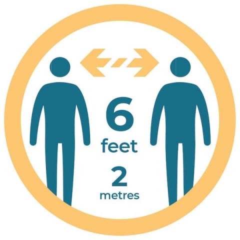 Graphic showing 2 people standing 6 feet from one another