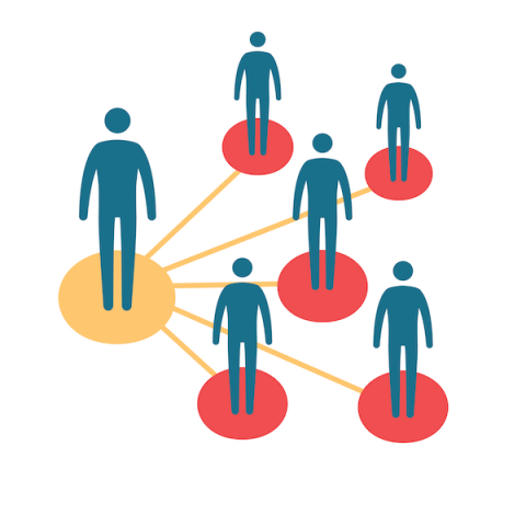 Graphic showing virus spreading from one person to five people