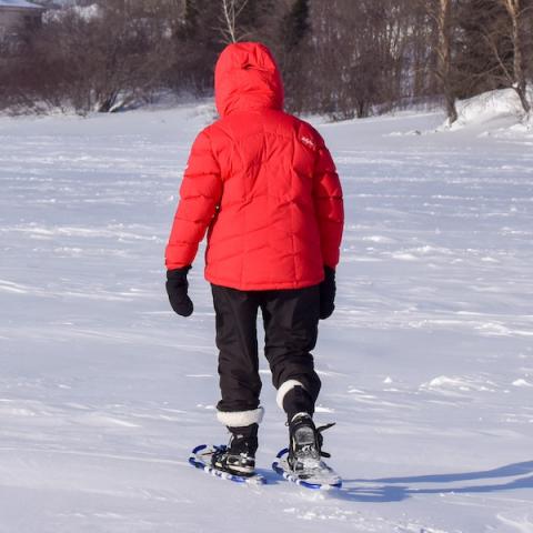 Person walking across lake on snowshoes