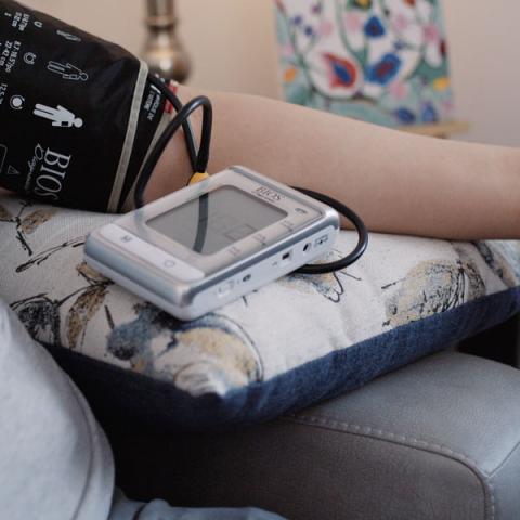 Blood pressure monitor on a cushion